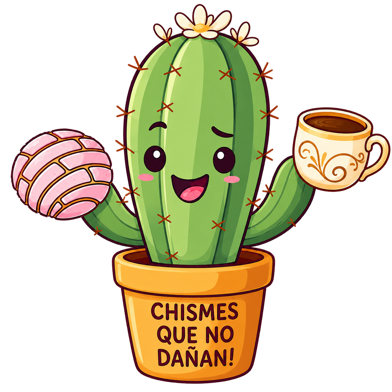 Cachito, a smiling cactus holding a concha and a cup of coffee