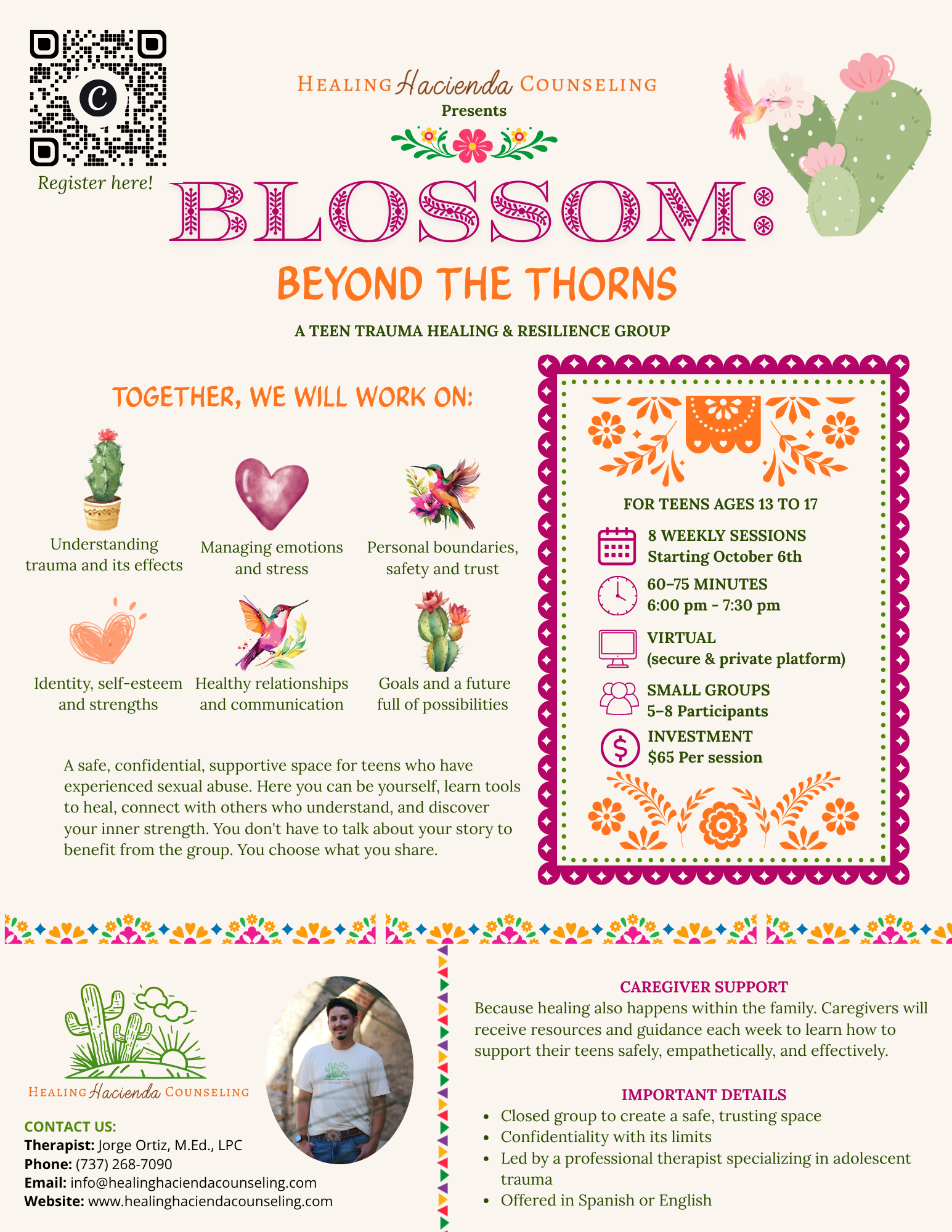 English-language flyer for Blossom: Beyond the Thorns, a virtual trauma healing and resilience group for adolescents